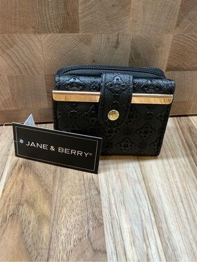 Jane & Berry Black Embossed Compact Wallet with Gold Trim